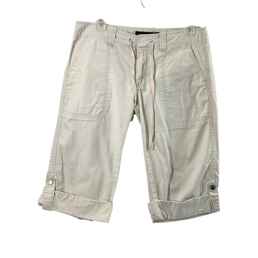 Calvin Klein Capri Pants Women 6 Beige Linen Blend Roll Tab Utility Pockets Crop